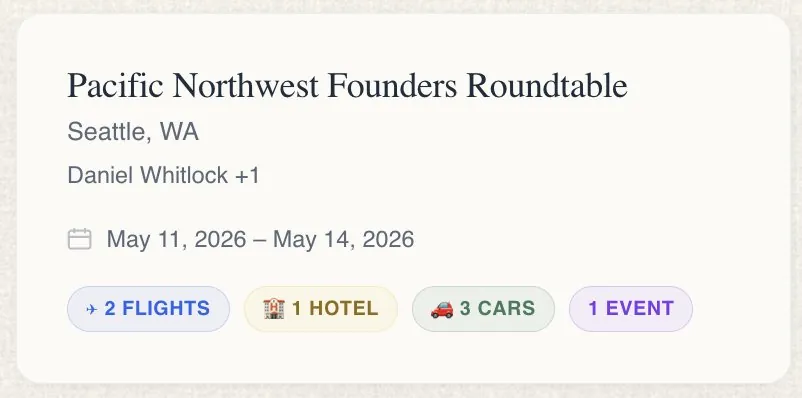 The Atlas parsing a booking confirmation into a chronological day-by-day itinerary