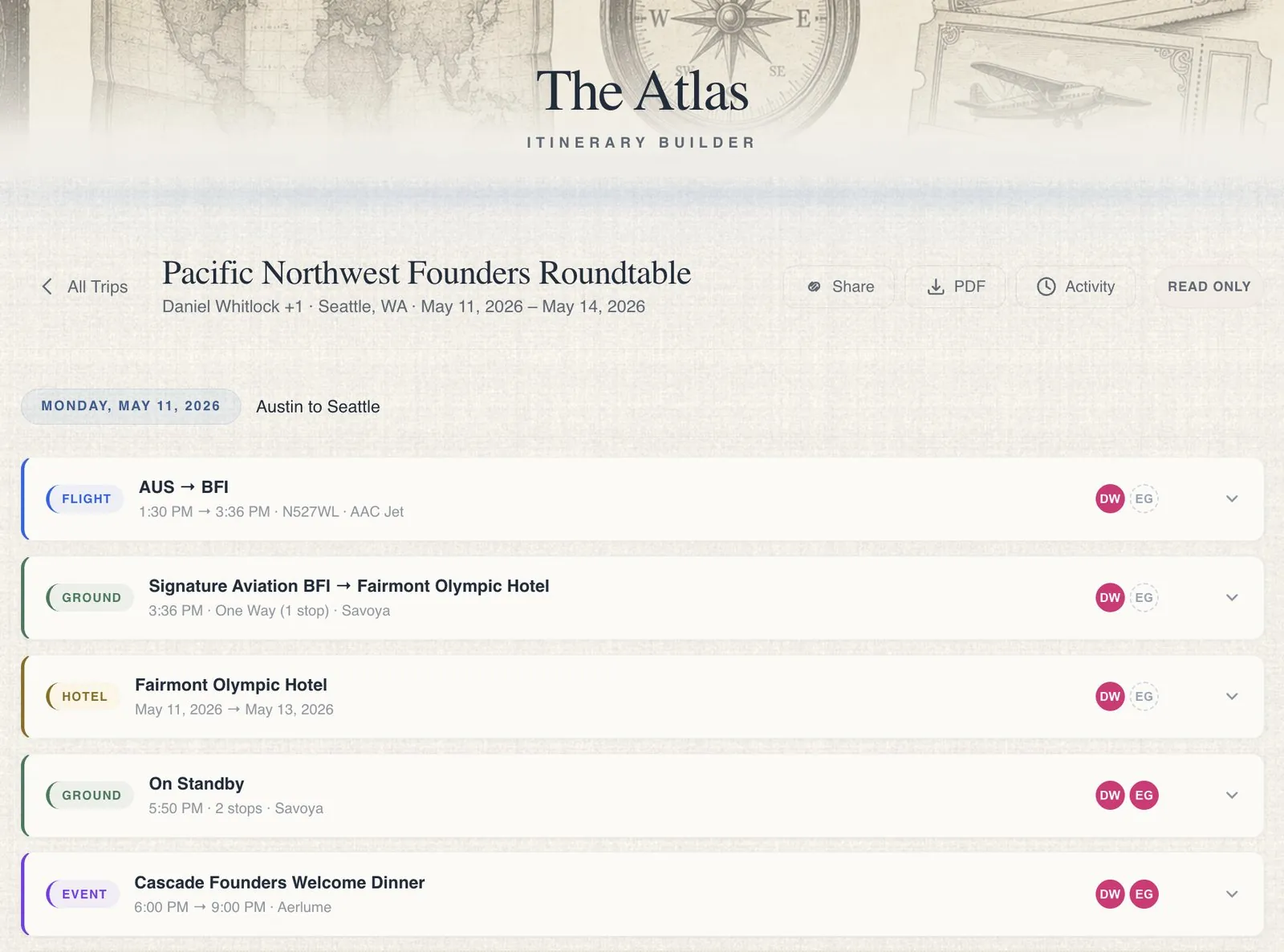The Atlas itinerary with flights, ground transport, and hotel segments