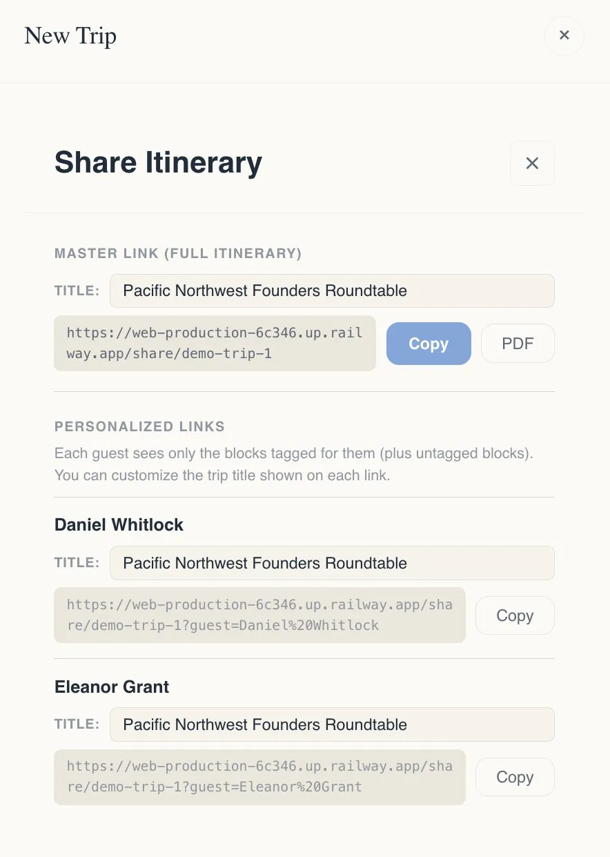 The Atlas, a simplified shareable trip outline showing where to be and when