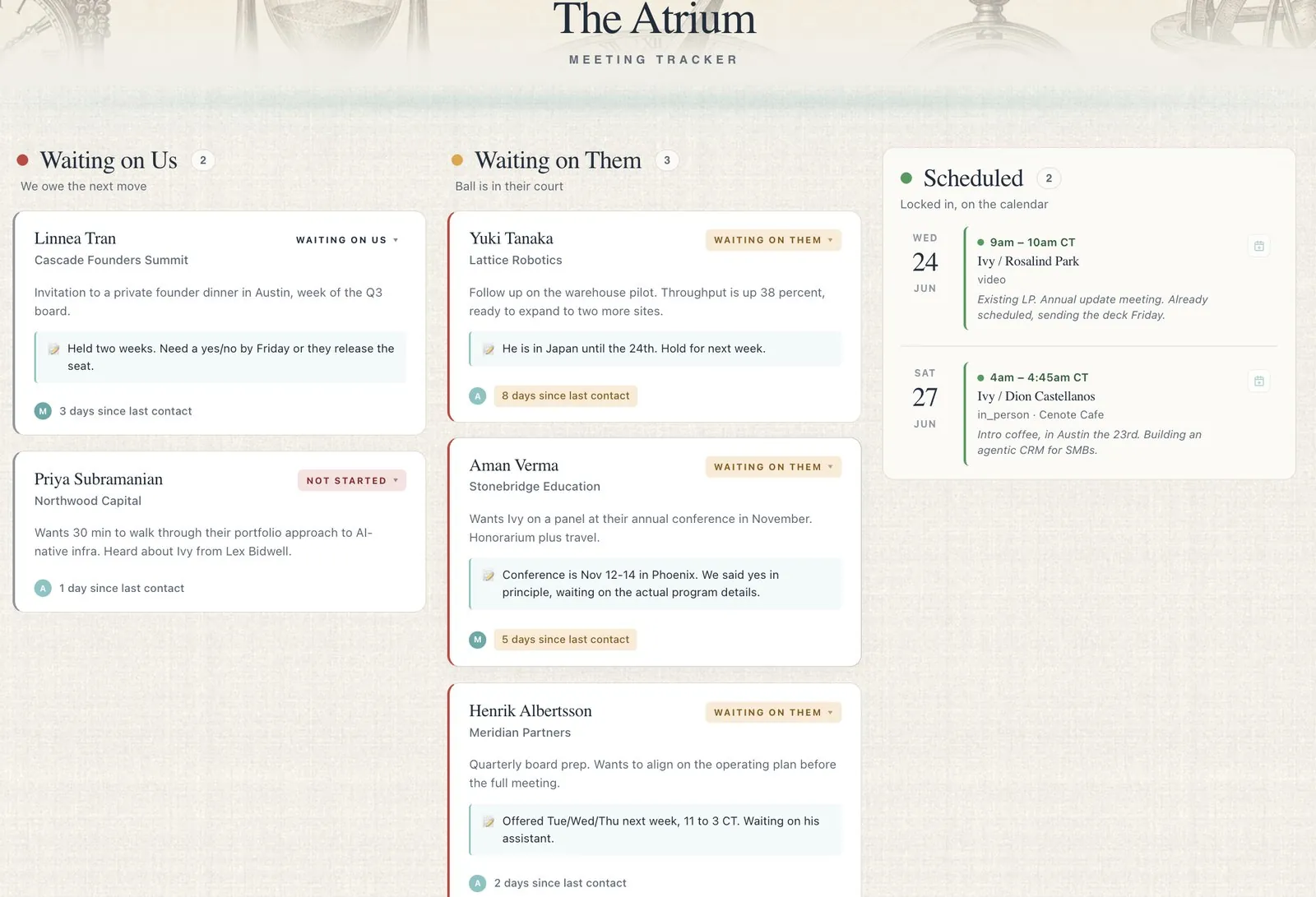 The Atrium board: Waiting on Us, Waiting on Them, and Scheduled columns tracking every meeting request