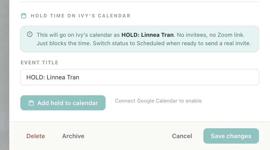 The Atrium, a meeting card moving across the three-column board from not started to scheduled