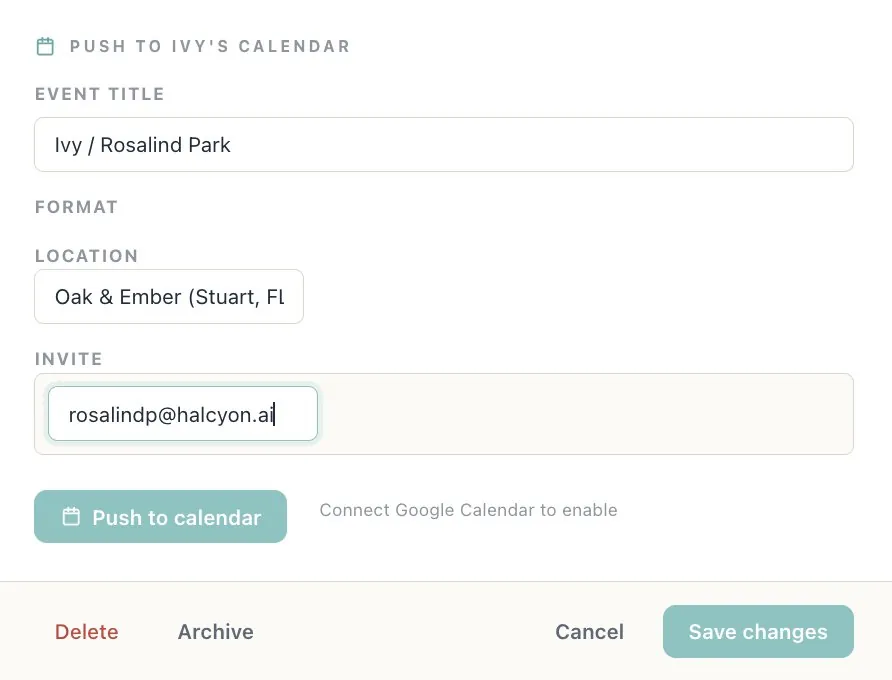The Atrium parsing a pasted note into a clean, ready-to-schedule meeting card