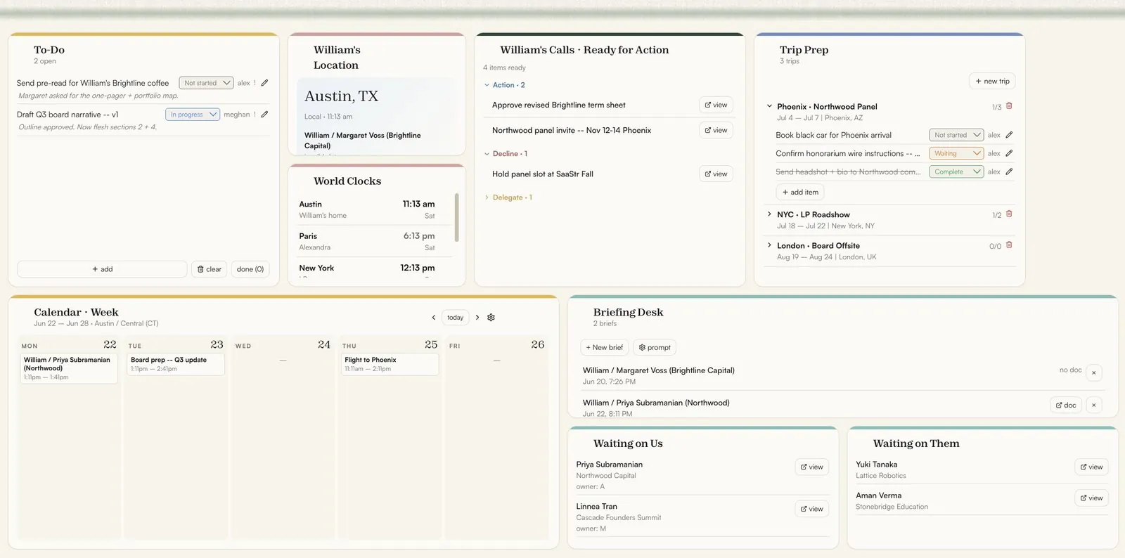 The Cornerstone command center: calls ready for action, trips, and calendar widgets