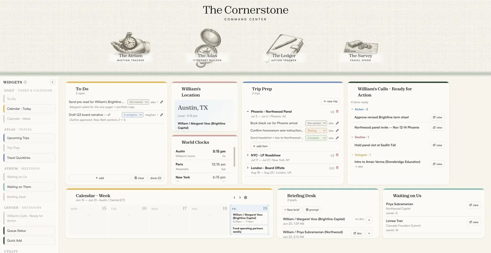 The Cornerstone command-center dashboard, showing to-do, location, world clocks, upcoming trips, trip prep, and calls-ready-for-action widgets