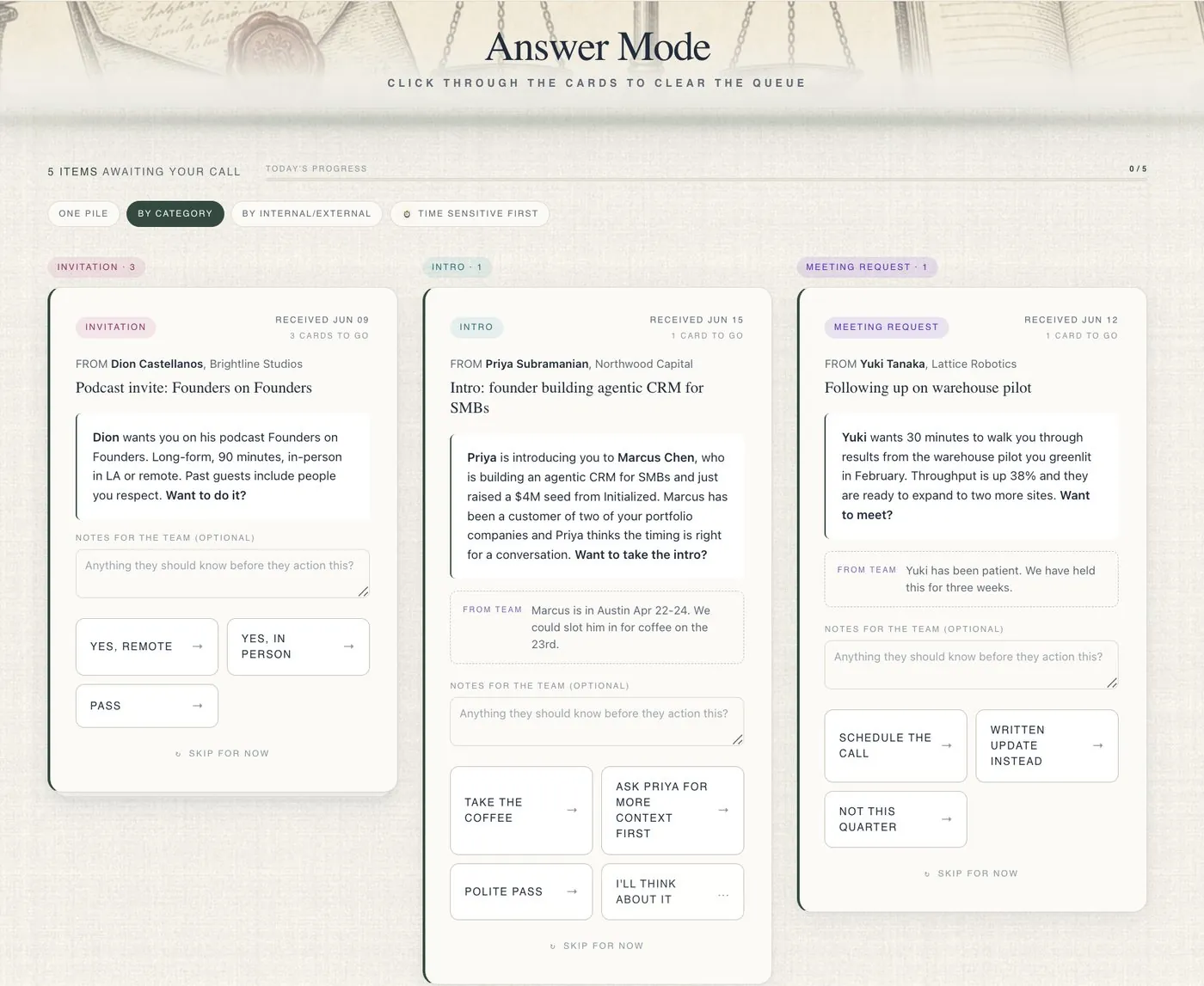 The Ledger workspace, inbound items rendered as decision cards