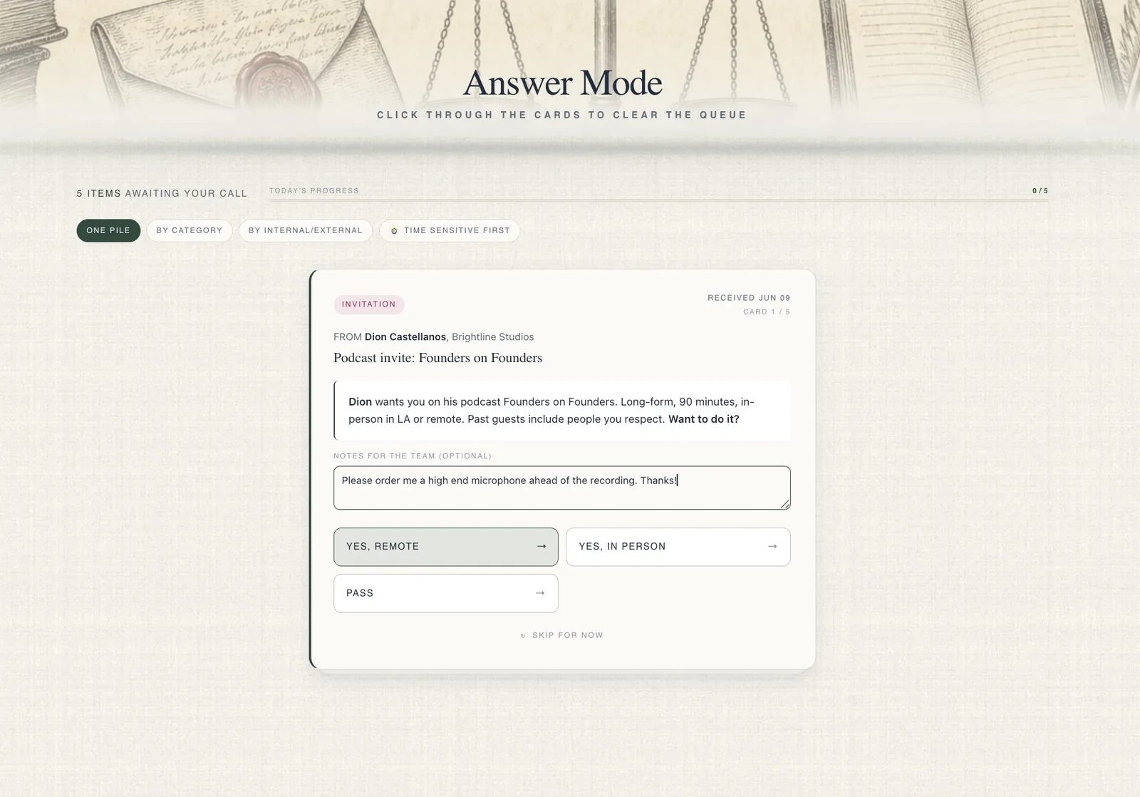 The Ledger Answer Mode, clicking through decision cards to clear the queue