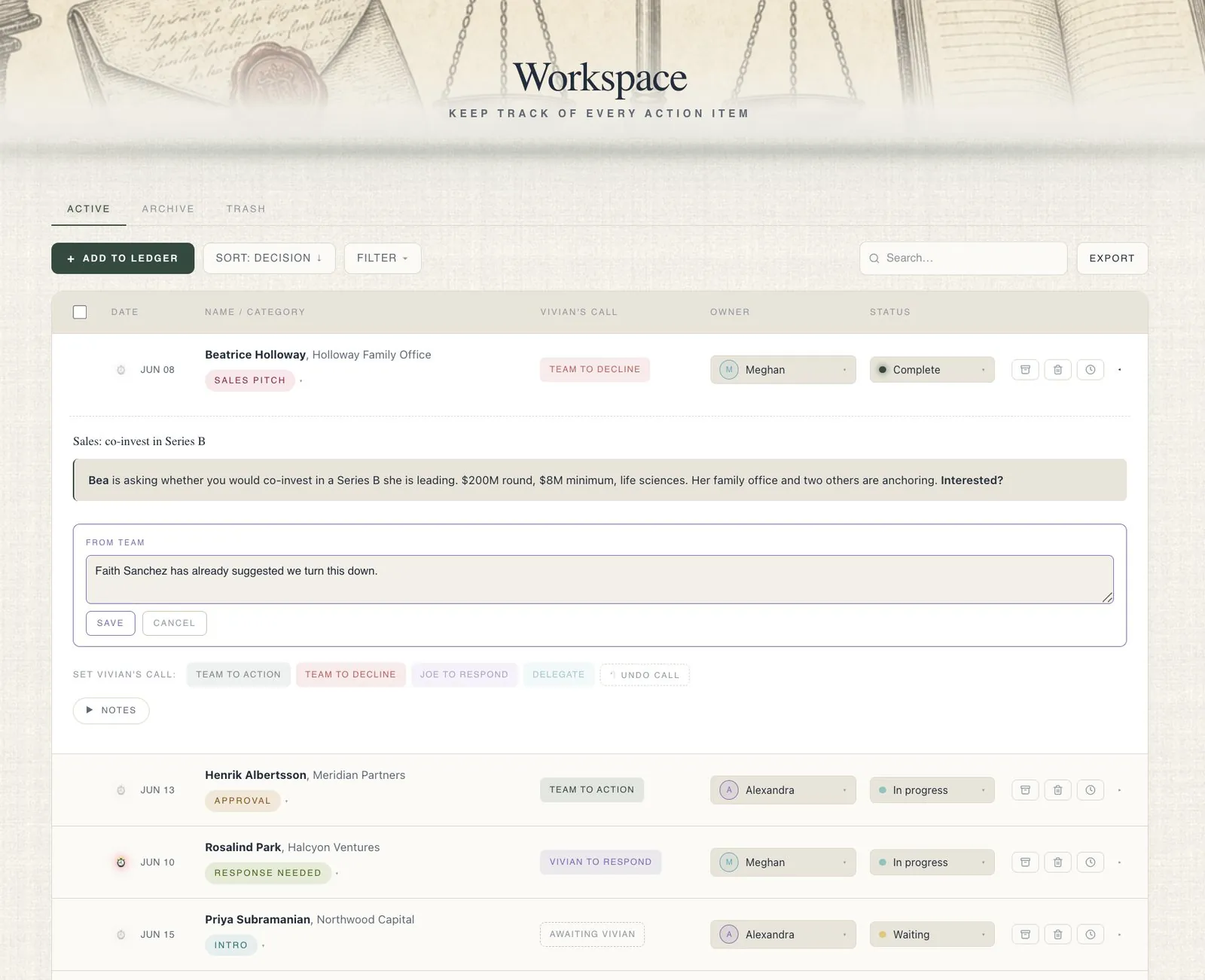 The Ledger workspace, decisions routed back to the team