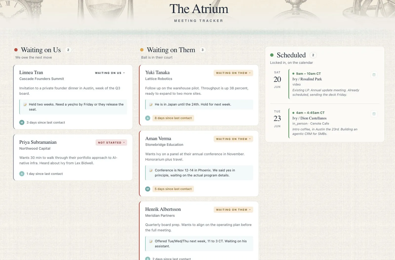 The Atrium, a three-column meeting tracker